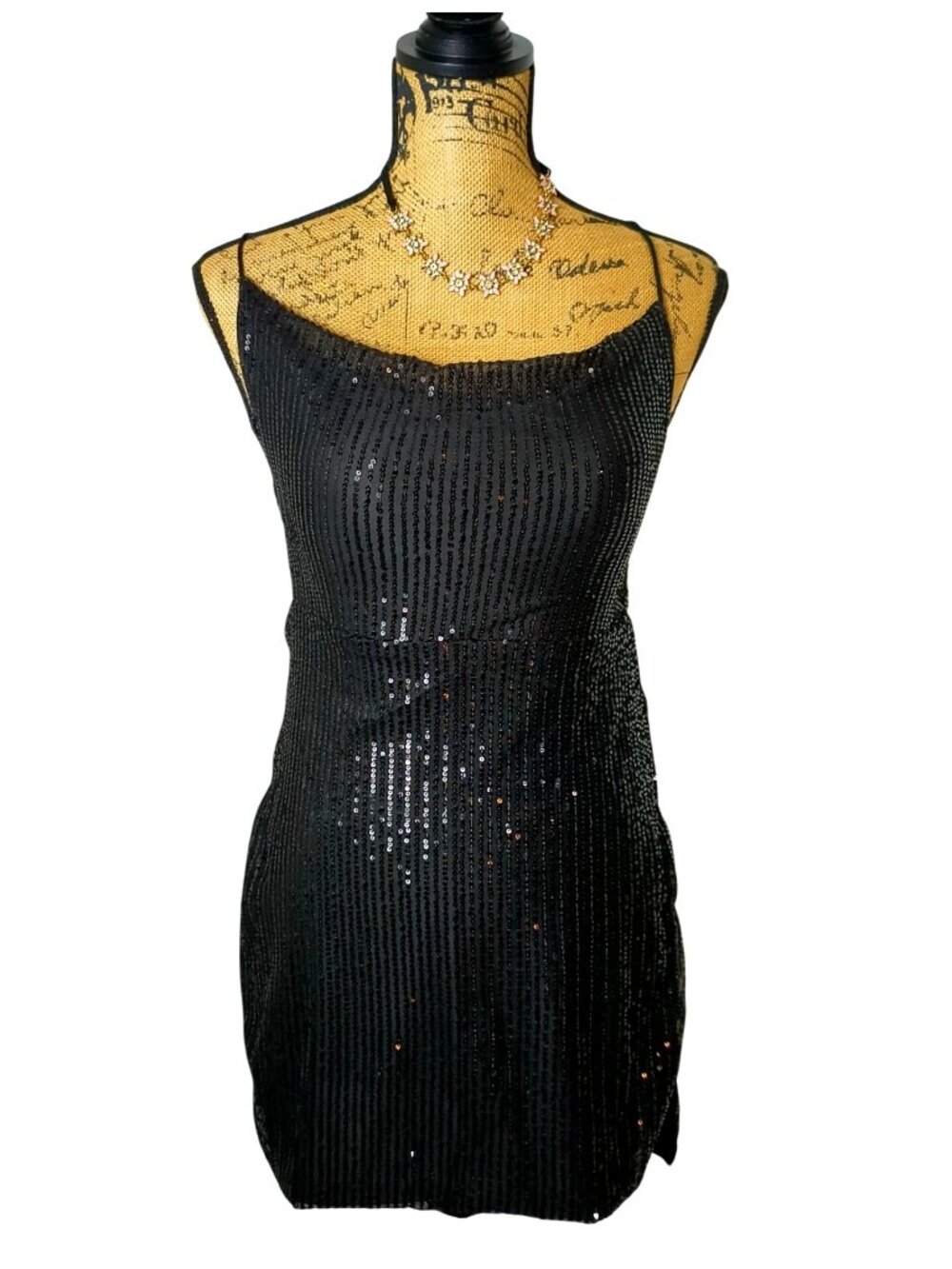 Womens S Black Sequin Mini Dress Open Back Criss Cross Shiny Party Clubwear NEW - Picture 3 of 11